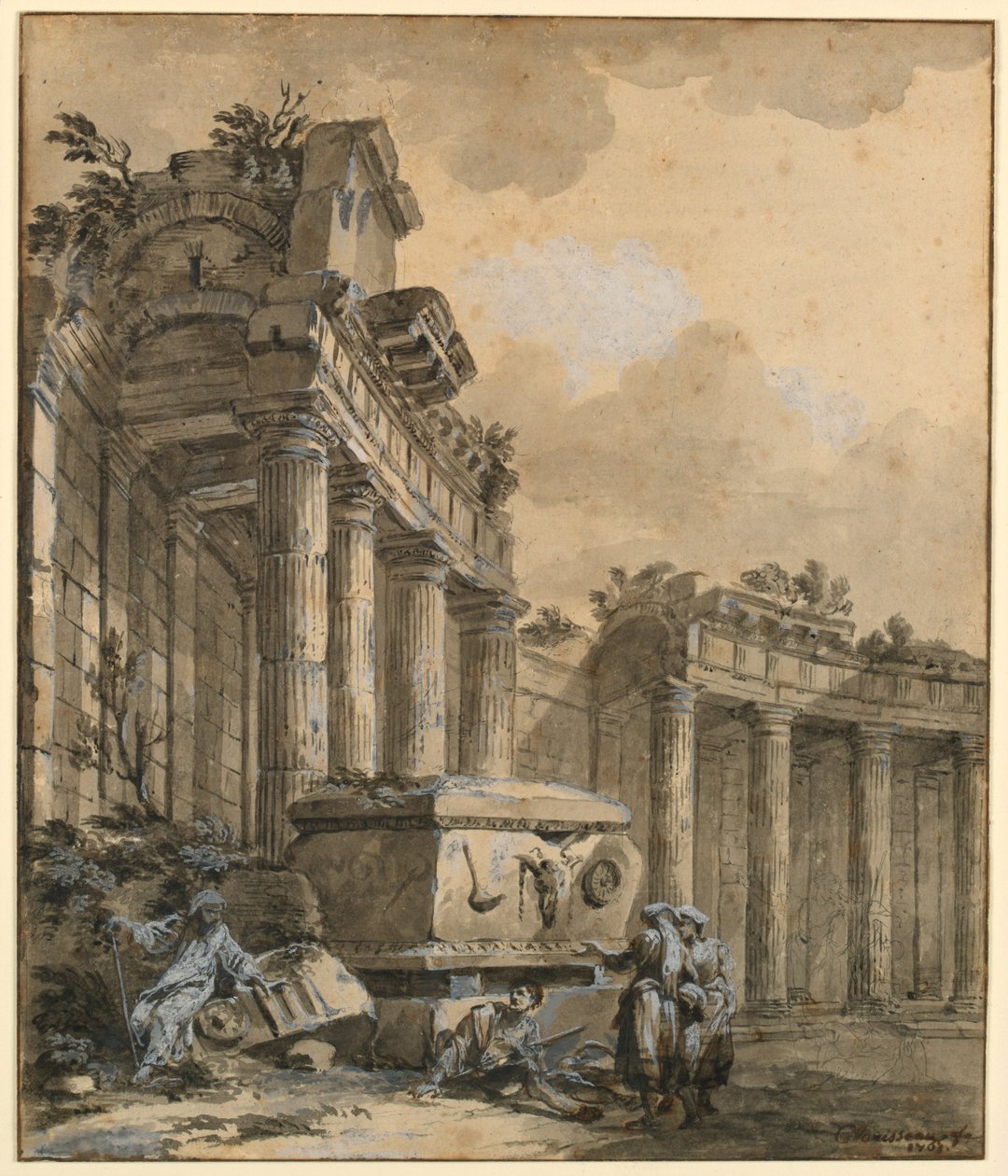 Rysunek, Postacie w pobliżu zrujnowanej kolumnady, 1761 r. autorstwa Charles Louis Clerisseau