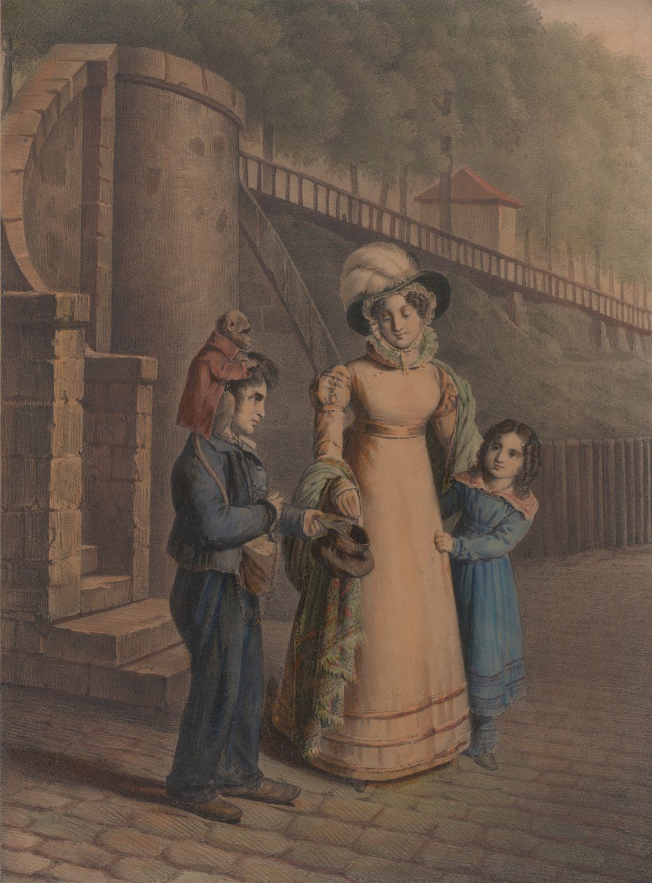 Chłopiec z małpą na ramieniu odbierający monety od matki i córki, 1803-40. autorstwa Charles Louis Constans