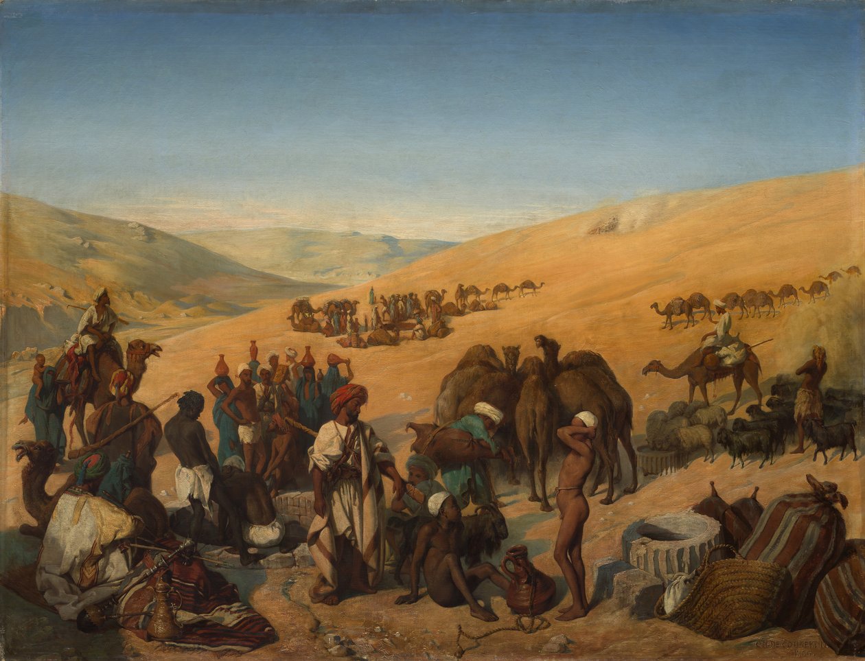 Zatrzymanie karawan przy studniach Saby Beer-Szeby na pustyni na południe od Hebronu, 1850. autorstwa Charles Louis Fredy de Coubertin