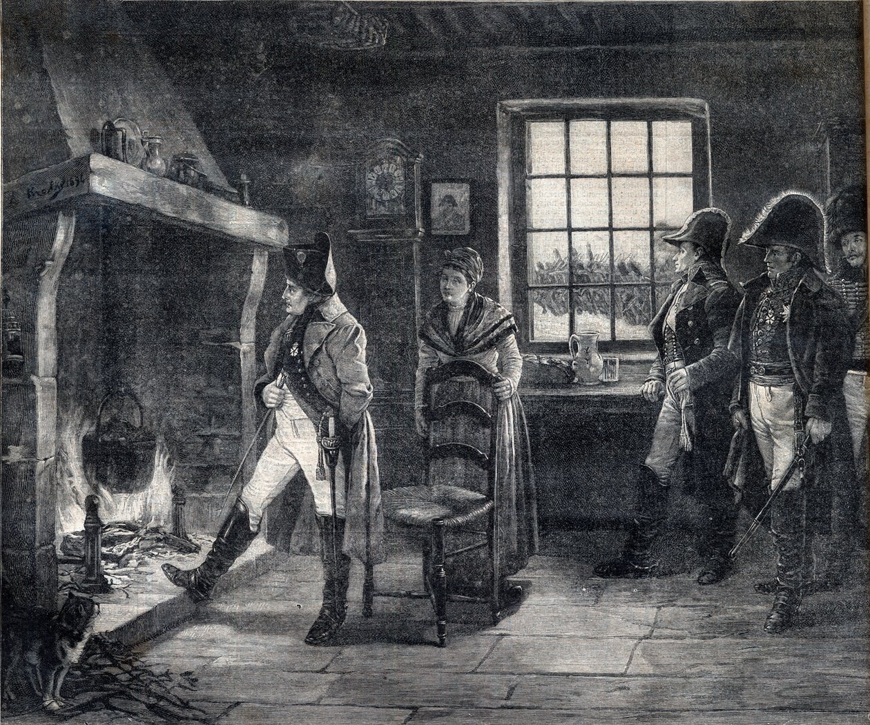 Cesarz Napoleon I rozpalający się ogniskiem w śnieżnym krajobrazie - Napoleon po bitwie pod Waterloo w 1814 r. - rycina wg obrazu Charles Louis (Charles-Louis) Kratke (1848-1921) autorstwa Charles Louis Kratke
