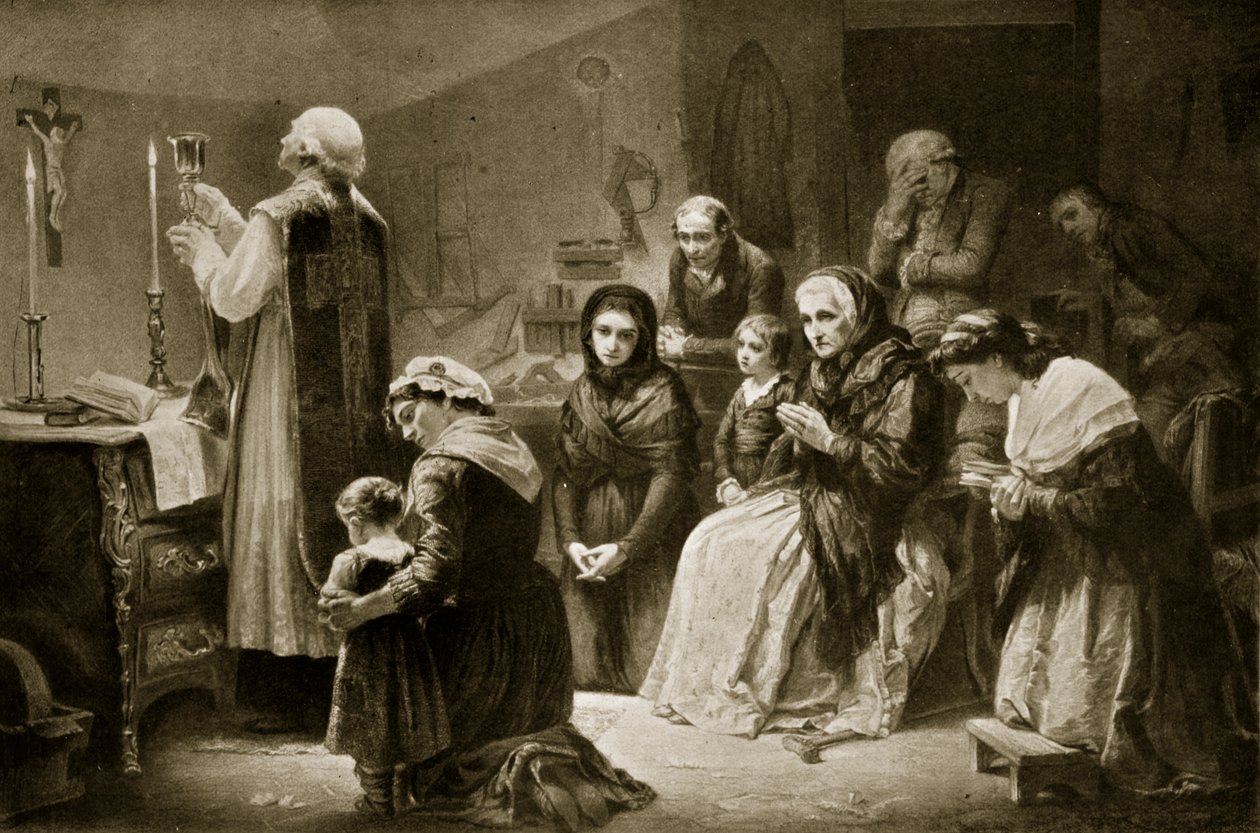 Odprawianie mszy podczas rewolucji francuskiej, ilustracja z „Historii narodów Hutchinsona”, ok. 1915 r. (litografia) autorstwa Charles Louis Lucien (after) Muller