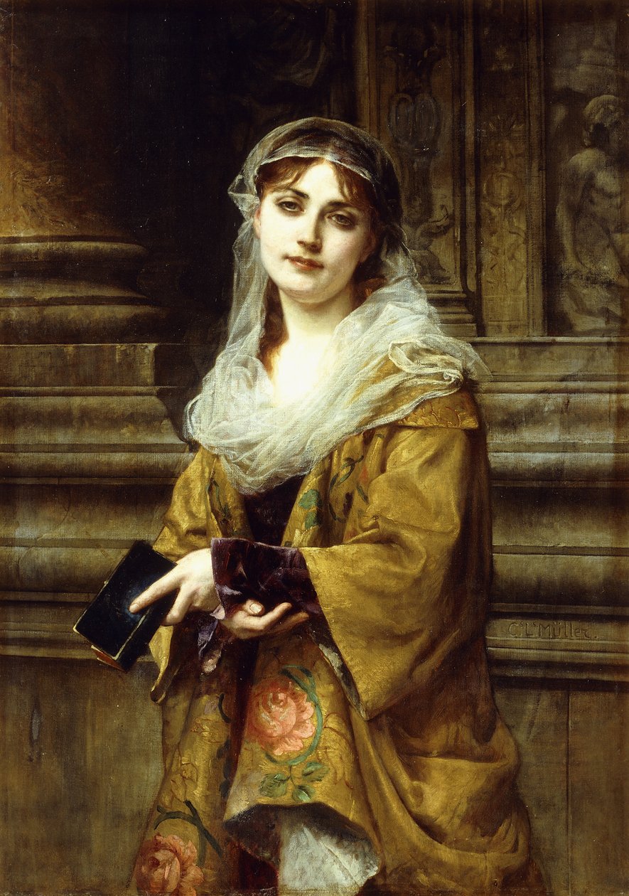 Młoda kobieta przed kościołem, autorstwa Charles Louis Lucien Muller