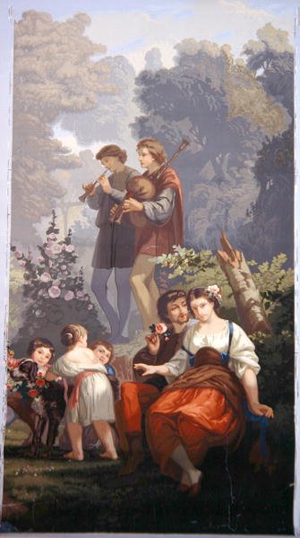 Szczegół „La Jeunesse”, panoramiczny wzór tapety, wyprodukowany przez Delicourt & Cie, Paryż autorstwa Charles Louis Lucien Muller