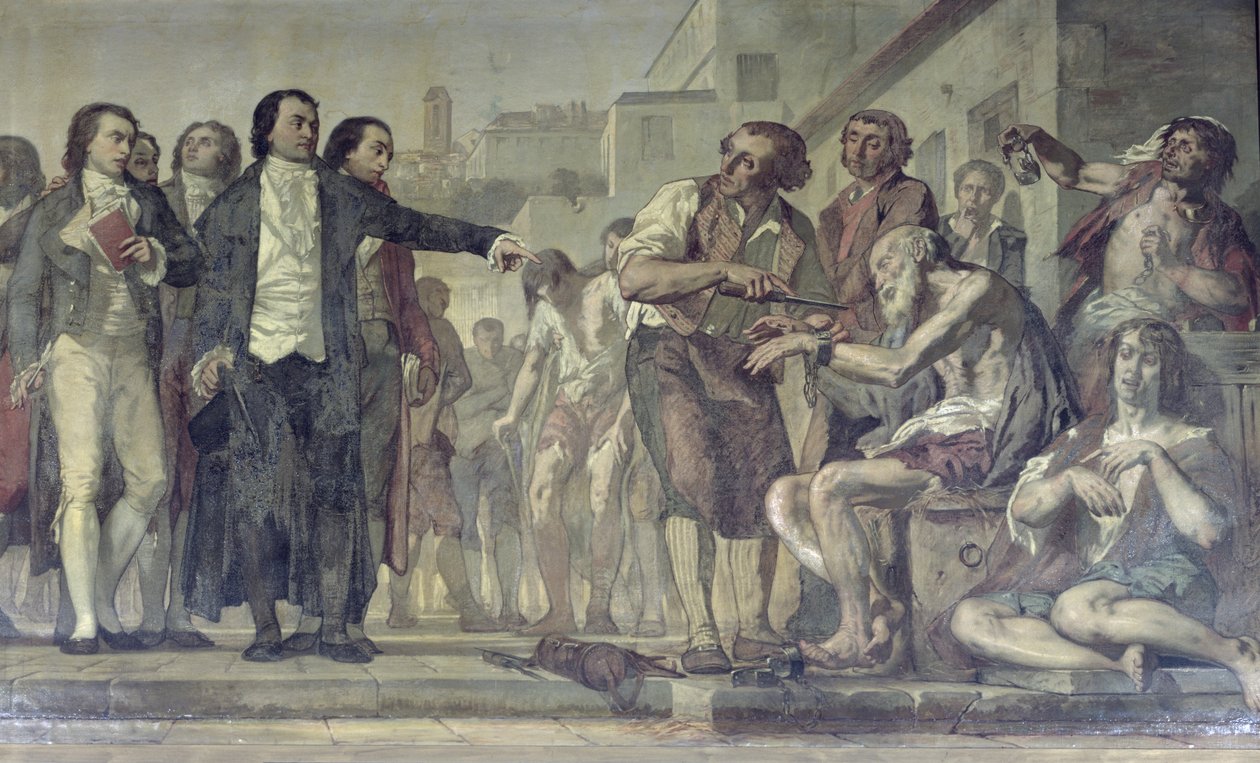 Philippe Pinel 1745-1826 uwalniający wariatów z kajdanów w przytułku Bicetre w Paryżu w 1793 r., ok. 1840-50 olej na płótnie, fragment z 163956 r. autorstwa Charles Louis Lucien Muller