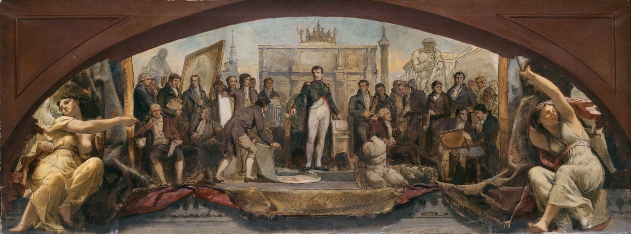 Szkic pawilonu Denona w Luwrze: Les quatre âges artistiques de la France - Présentation des plans à Napoléon, ok. 1864 (olej na płótnie) autorstwa Charles Louis Lucien Muller