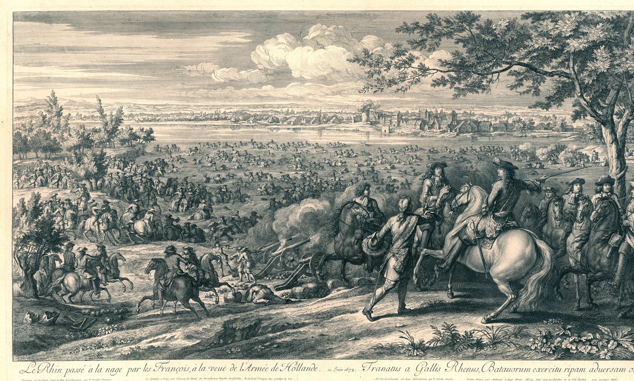 De Franse legers steken bij Lobith de Rijn nad, 1672 Ren przepłynął przez Francuzów na widok Armii Holandii (tytuł na obiekcie) autorstwa Charles Louis Simonneau