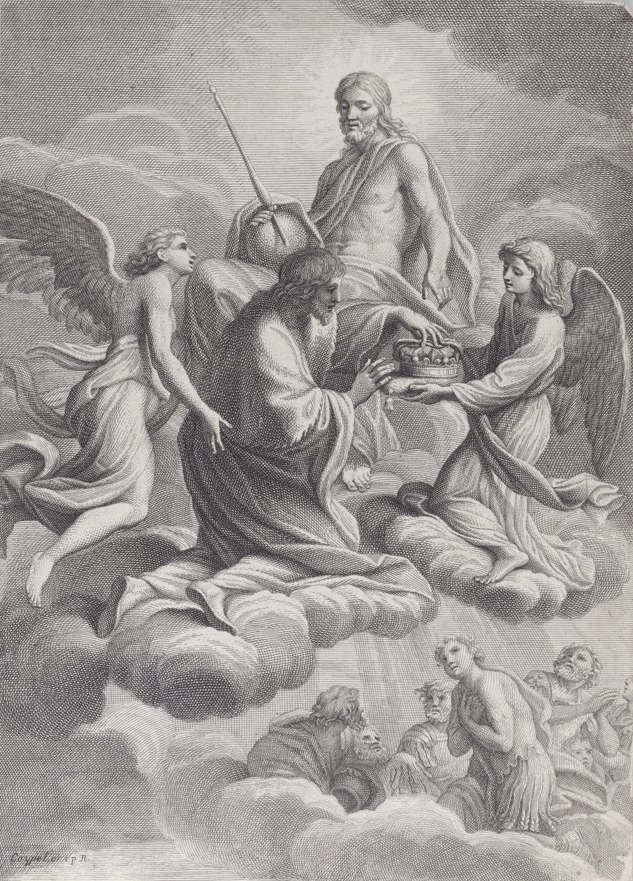 Św. Ludwik Francji przyjęty do nieba przez Chrystusa i dwóch aniołów, którzy ofiarowują mu c..., 1671-80. autorstwa Charles Louis Simonneau