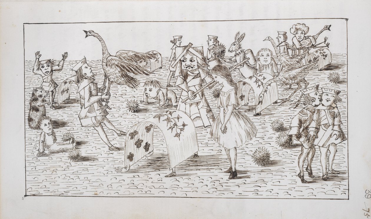 Alicja i Czerwona Królowa gra w krokieta, ilustracja z rozdziału IV „Alicji w krainie czarów” (pióro i atrament na papierze) autorstwa Charles Lutwidge Dodgson