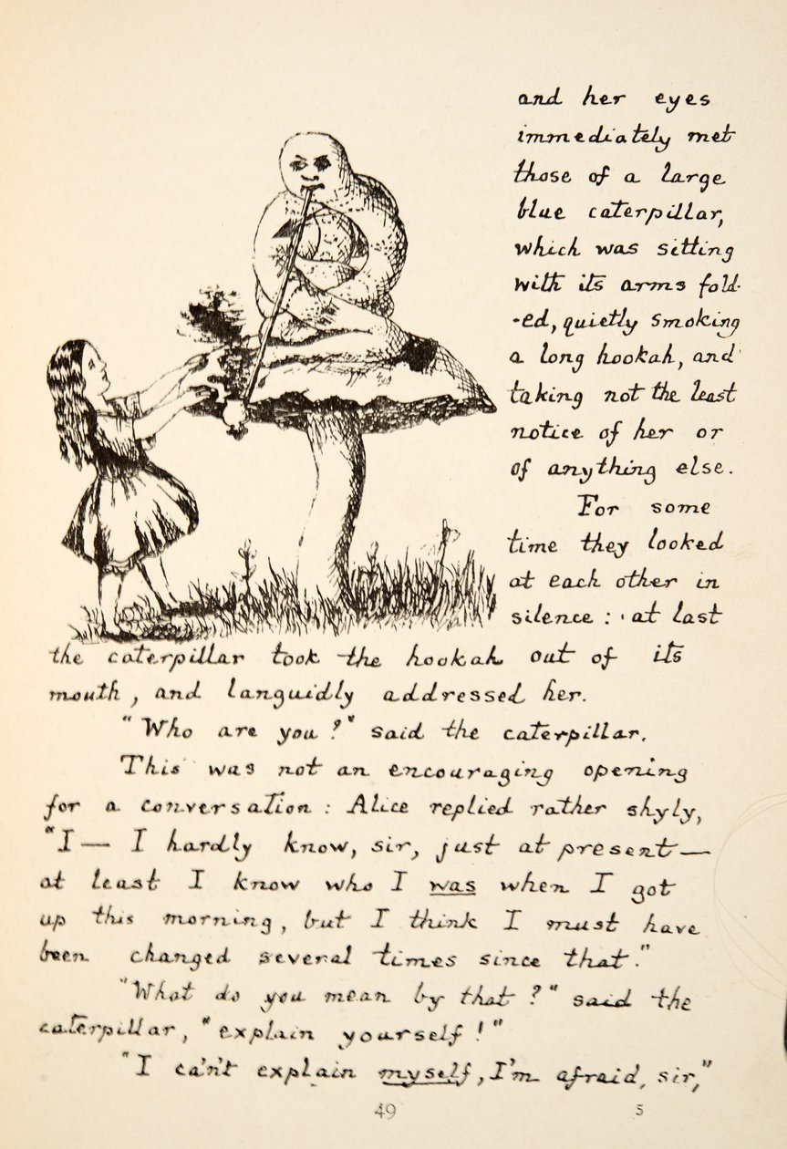Alice otrzymuje porady od Niebieskiej Gąsienicy, ilustracja z pubu Alice Adventures Under Ground. 1886 (faksymile) autorstwa Charles Lutwidge Dodgson