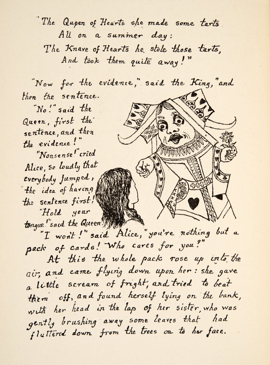 The Red Queen says Hold your tongue to Alice, ilustracja z Alices Adventures Under Ground, pub. 1886 (faksymile) autorstwa Charles Lutwidge Dodgson
