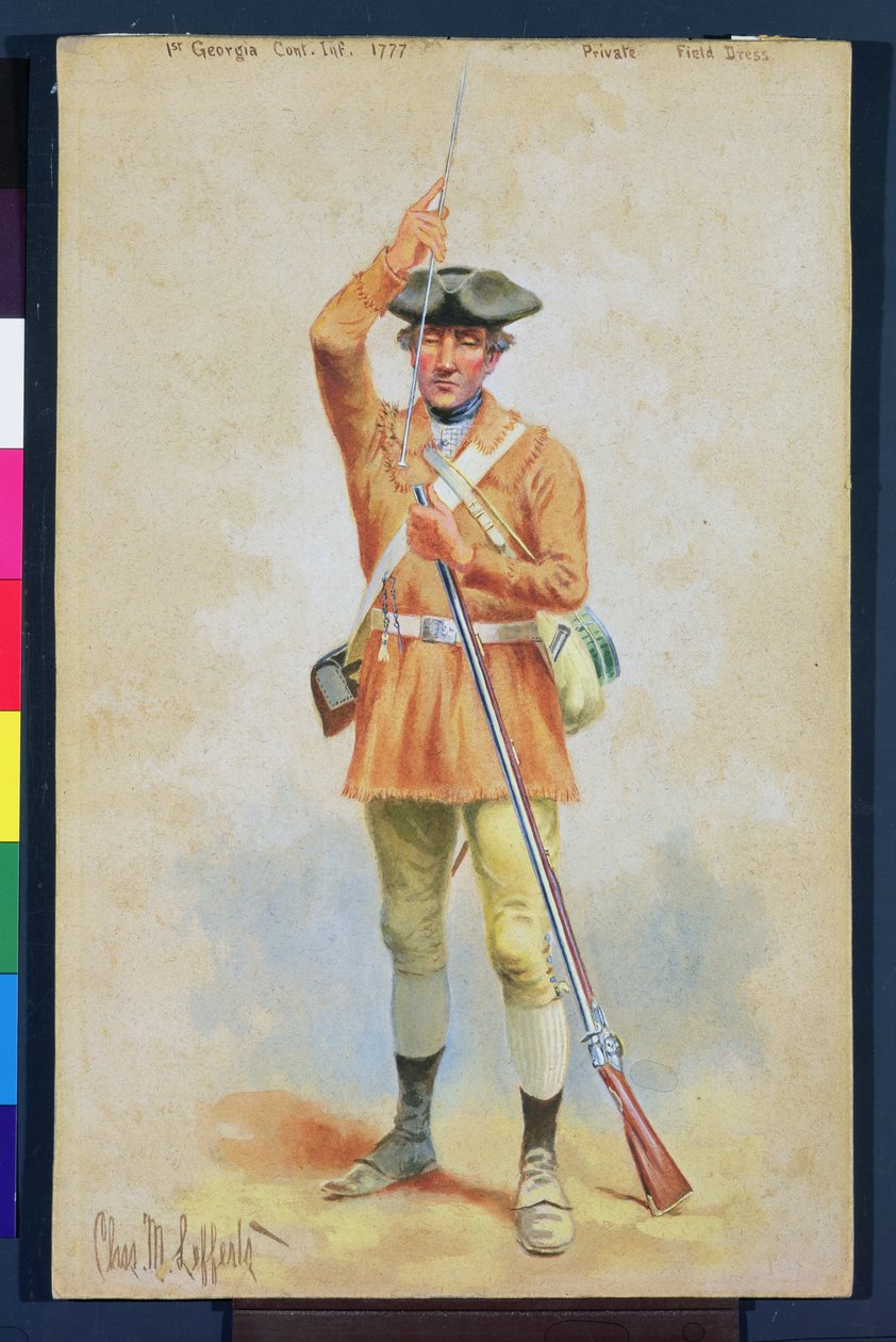 Mundury Rewolucji Amerykańskiej: prywatny strój polowy z 1st Georgia Continental Infantry (gwasz i toaleta na papierze) autorstwa Charles MacKubin Lefferts