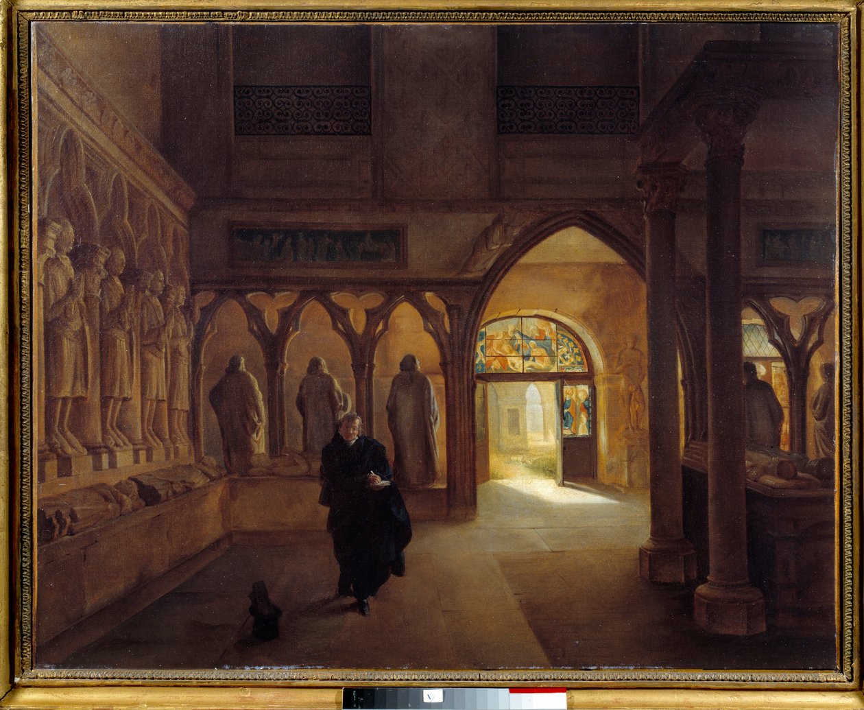 XIV-wieczna sala rzeźb w Musee des Monuments Français Na pierwszym planie francuska archeolog Marie Alexandre Lenoir (1761-1839). Obraz Charles Marie Bouton (1781-1853) 1815 Nd. 0,6x0,73m Paryż. Muzeum Karnawału autorstwa Charles Marie Bouton
