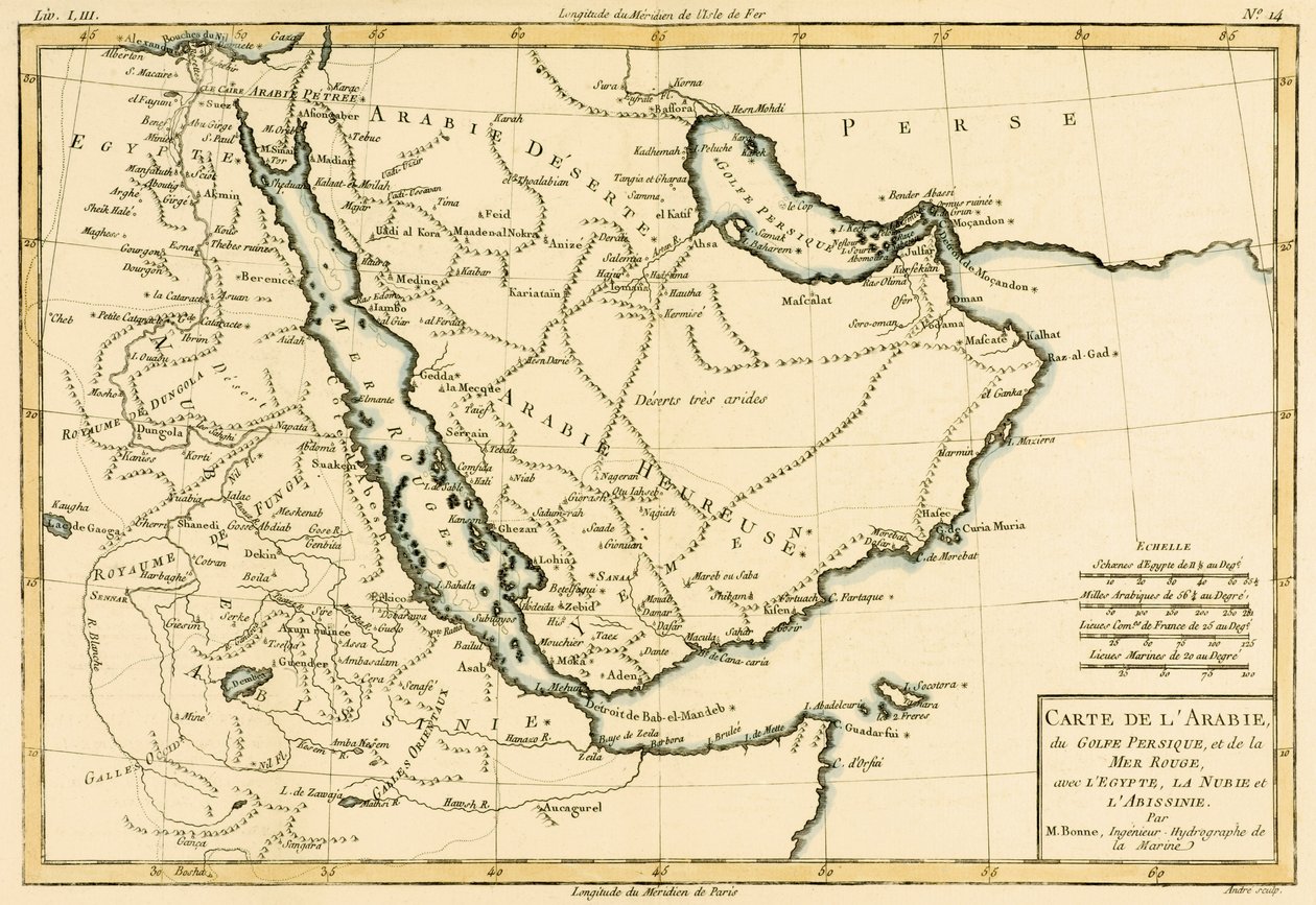 Arabia, Zatoka Perska i Morze Czerwone, z Egiptem, Nubią i Abisynią, z "Atlas de Toutes les Parties Connues du Globe Terrestre" Guillaume Raynal (1713-96) opublikowanego w Genewie w 1780 r. (kolorowany) autorstwa Charles Marie Rigobert Bonne