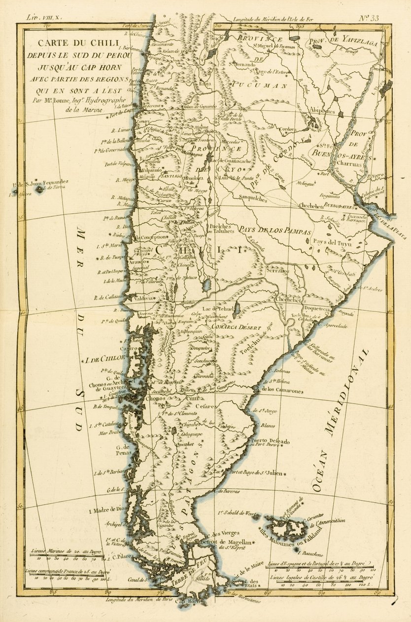 Chile, od południa Peru do Przylądka Horn, z „Atlas de Toutes les Parties Connues du Globe Terrestre” Guillaume Raynal (1713-96) opublikowane w Genewie, 1780 autorstwa Charles Marie Rigobert Bonne