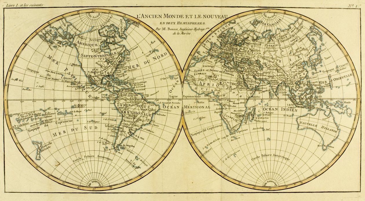 Mapa świata na dwóch półkulach, z „Atlas de Toutes les Parties Connues du Globe Terrestre” Guillaume Raynal (1713-96) opublikowana w Genewie, 1780 autorstwa Charles Marie Rigobert Bonne