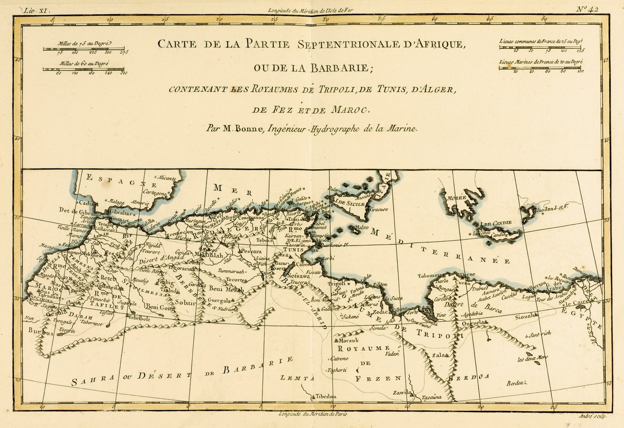 Afryka Północna, w tym królestwa Trypolisu, Tunisu, Algieru; Fez i Maroko, z Atlas de Toutes les Parties Connues du Globe Terrestre przez Guillaume Raynal (1713-96) opublikowane Genewa, 1780 (kolor autorstwa Charles Marie Rigobert Bonne