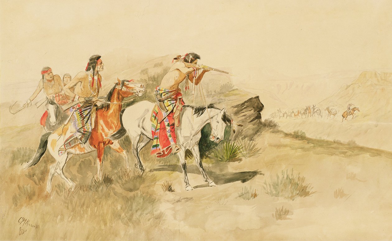 Atak na Muleterów, ok. 1895 (ołówek i toaleta na papierze) autorstwa Charles Marion Russell