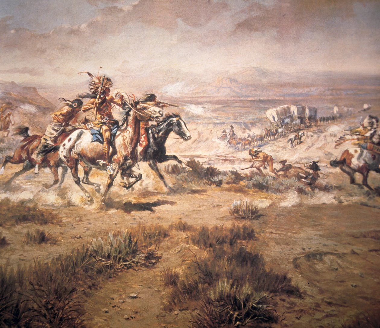 Atak na Pociąg Wagonów autorstwa Charles Marion Russell