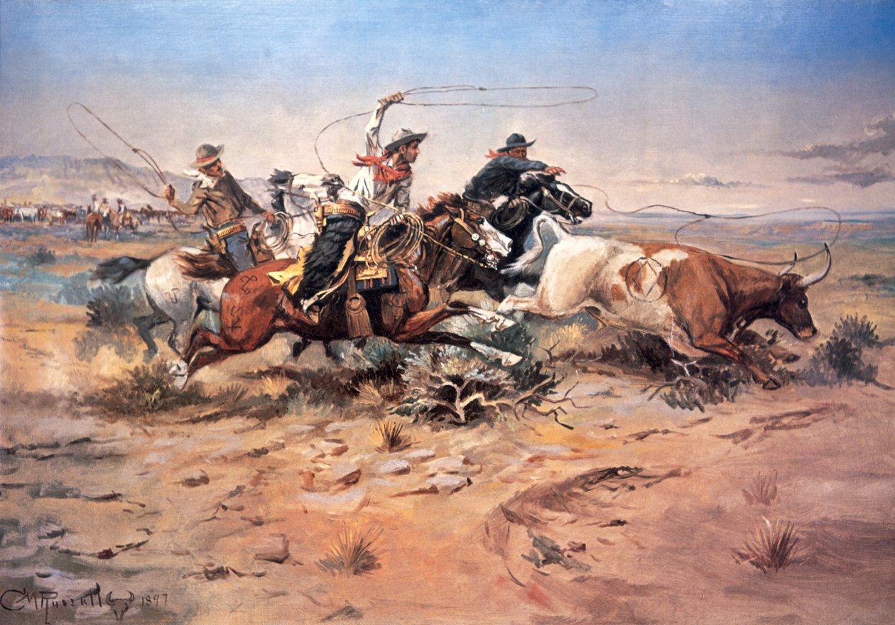 Kowboje trzymający woły autorstwa Charles Marion Russell