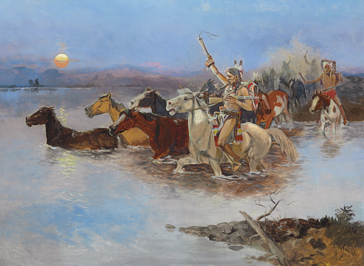 Przeprawa przez rzekę, ok. 1895 autorstwa Charles Marion Russell