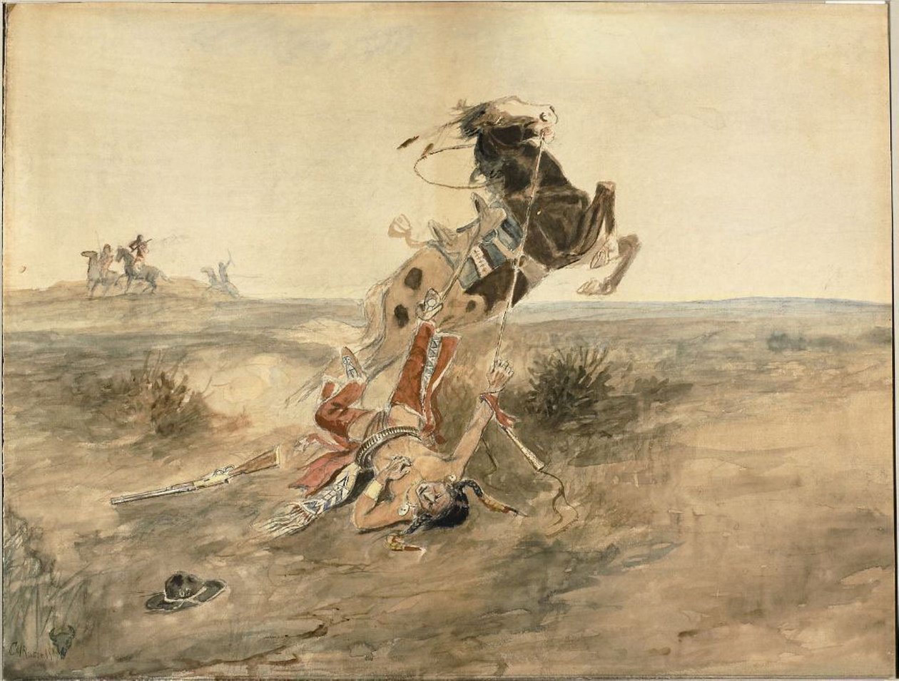 Upadły indiański wojownik, ok. 1886 (akwarela i grafit na kremowym papierze) autorstwa Charles Marion Russell