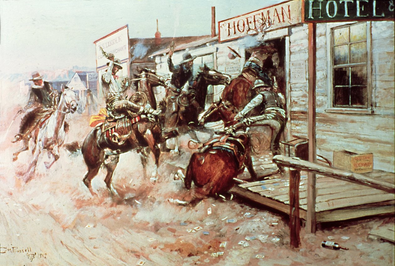 „W bez pukania” (olej na płótnie) autorstwa Charles Marion Russell