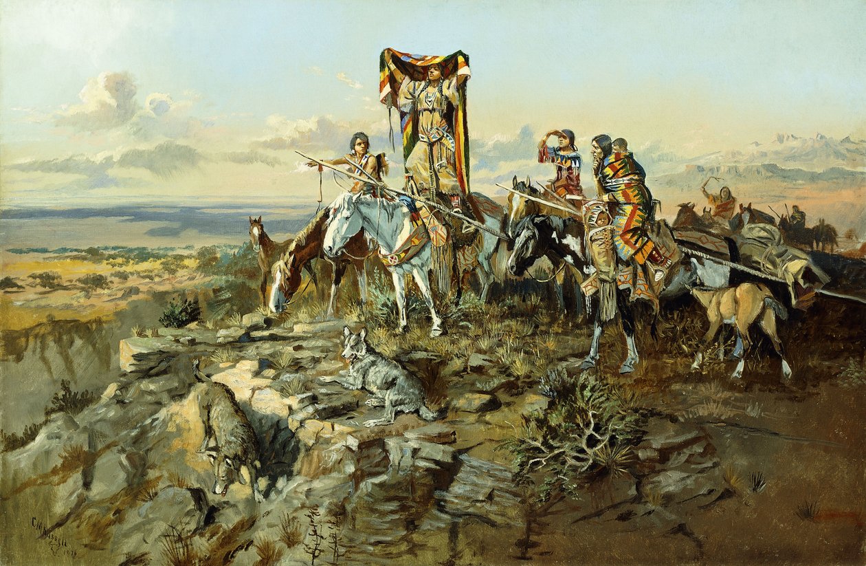 W ślad za myśliwymi, 1896 autorstwa Charles Marion Russell