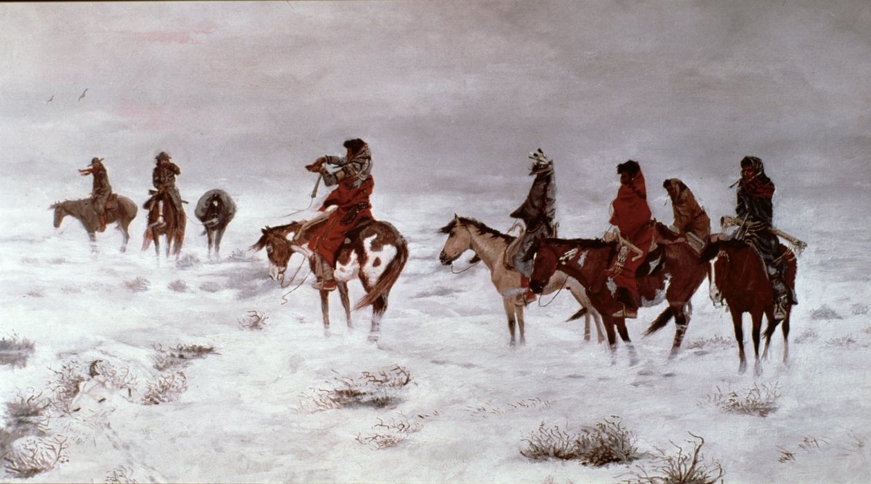 „Zagubieni w burzy śnieżnej – We Are Friends” 1888 (olej na płótnie) autorstwa Charles Marion Russell