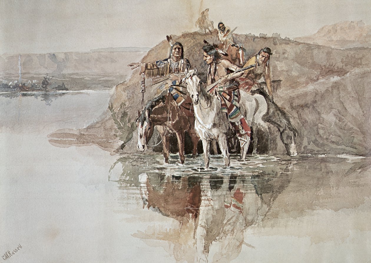 Native American „War Party” (akwarela na papierze) autorstwa Charles Marion Russell