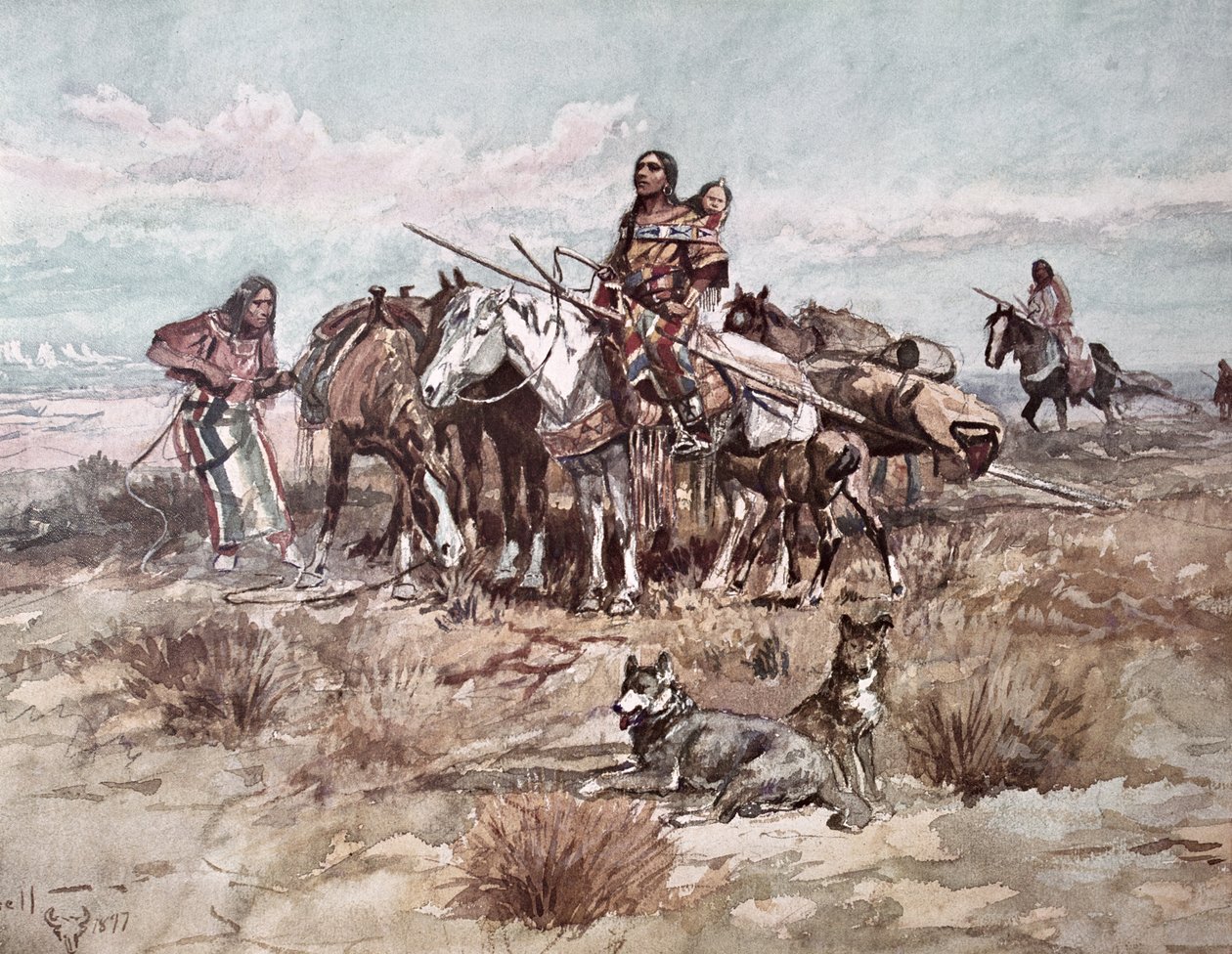 Rdzenni Amerykanie na równinach przeprowadzka obozu autorstwa Charles Marion Russell