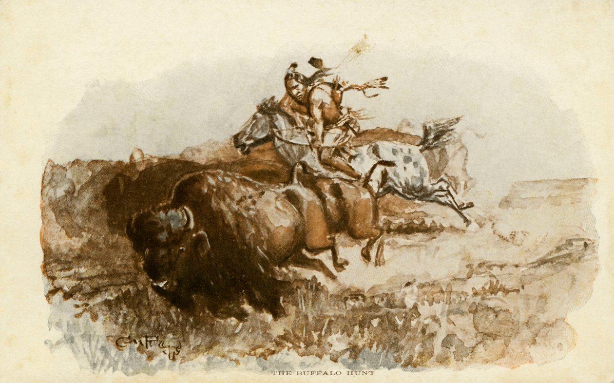 Polowanie na bizony, C. M. Russell autorstwa Charles Marion Russell