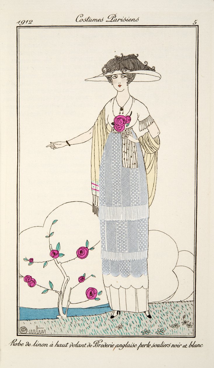 Suknia lniana z wysoką falbanką z Broderie anglaise perłowe czarno-białe buty, płyta 5, Costumes Parisiens opublikowane w Journal des Dames et des Modes, 1912 (ręcznie kolorowane grawerowanie) autorstwa Charles Martin