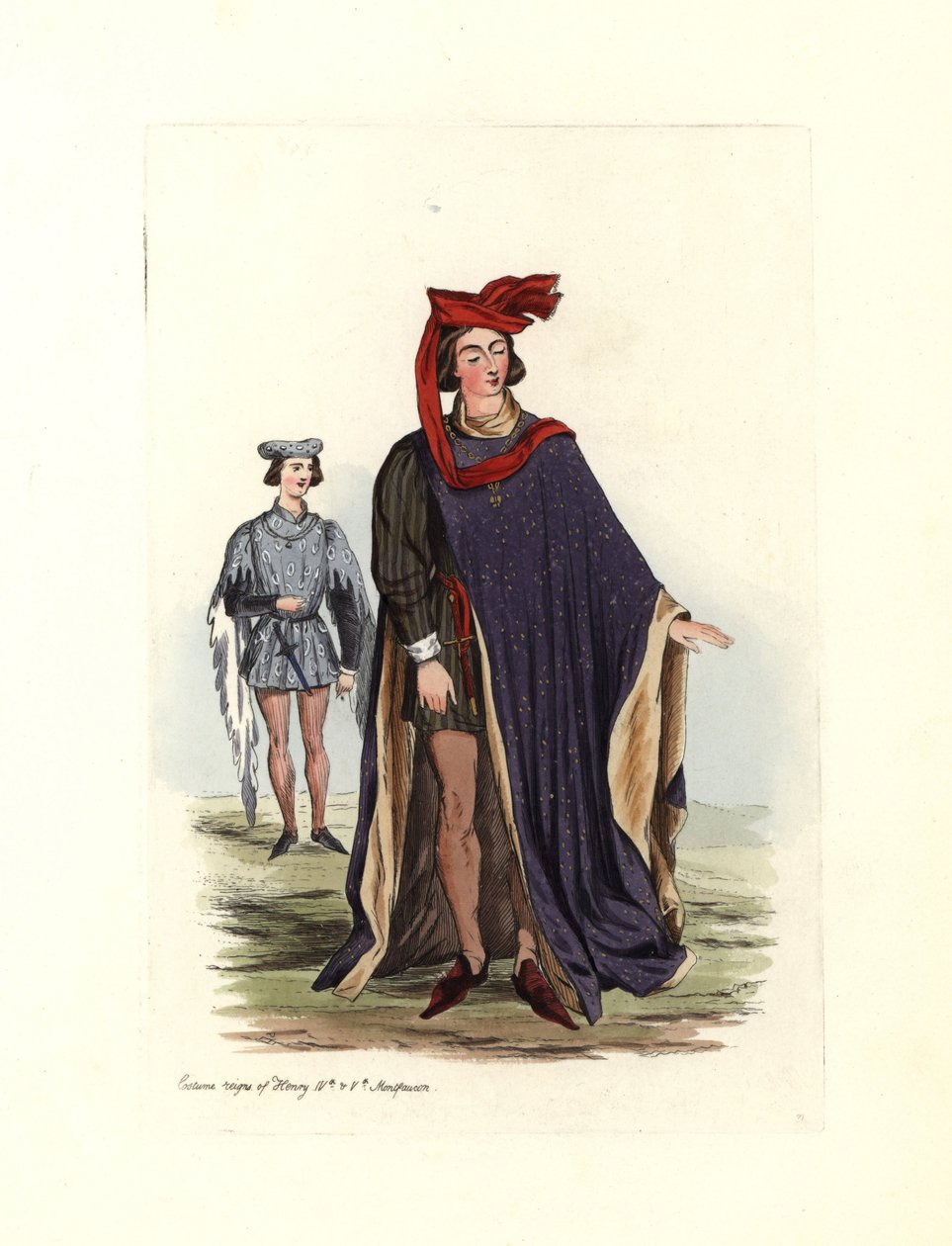 Typowy strój męski z czasów króla Henryka IV i Henryka V, ilustracja z „Civil Costumes of England from the Conquest to the Present” autorstwa Charles Martin