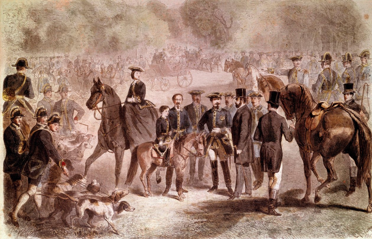 Napoleon III: Spotkanie na polowanie odbyło się w Studni Królewskiej w pobliżu lasu Compiegne podczas pobytu króla Wilhelma III (1817-1890). Kolorowa grawerunek autorstwa C. Mauranda i G. Janet wg Fortris opublikowany w „The Monde illustrious” 26.10.1861.  autorstwa Charles Maurand