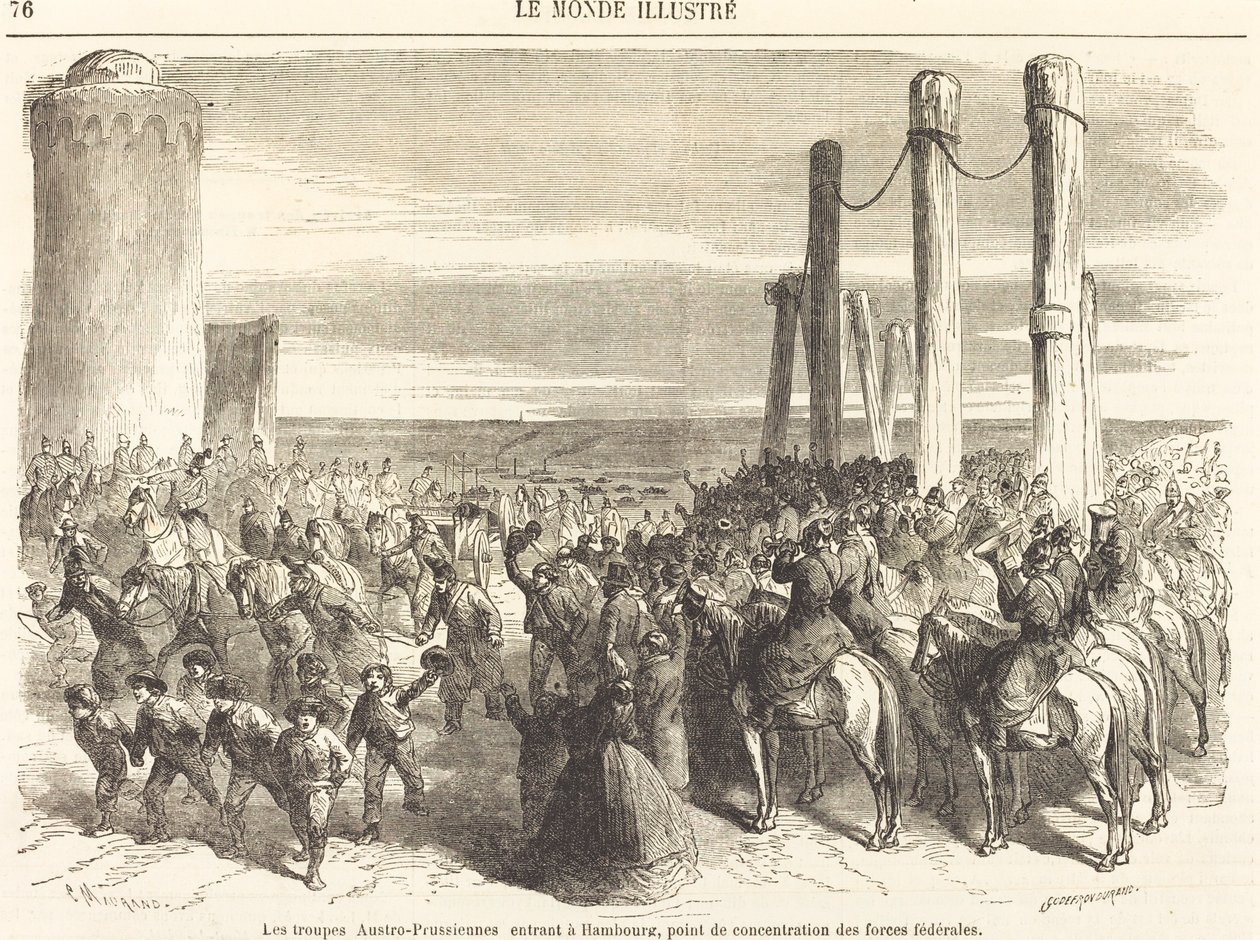 Wojska austriacko-pruskie wkraczające do Hamburga... [górna połowa] autorstwa Charles Maurand after Godefroy Durand