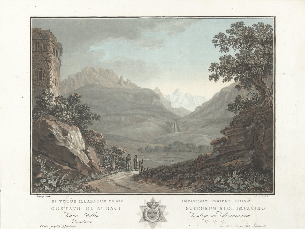 Berglandschap w Zwitserland Widok na dolinę Oberhashi (tytuł na obiekcie) Niezwykłe widoki na góry Szwajcarii (tytuł serii) autorstwa Charles Melchior Descourtis