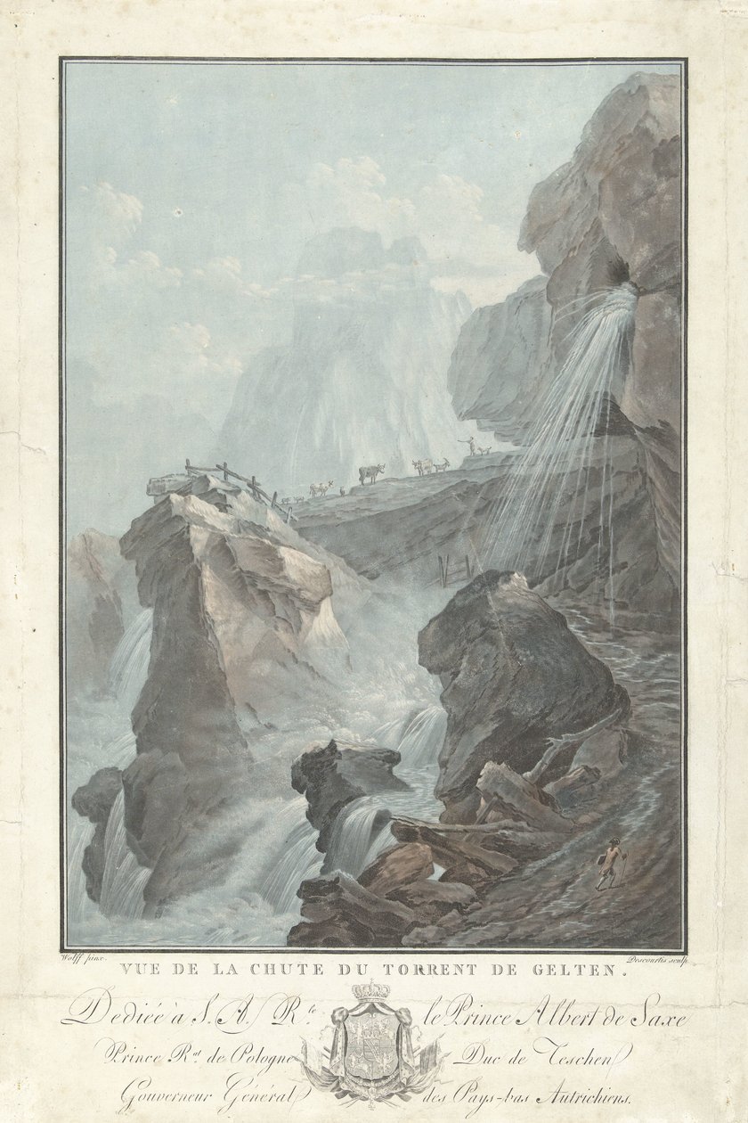 Widok na wodospad Gelten Widok na Chute du Torrent de Gelten (tytuł na obiekcie) Niezwykłe widoki na góry Szwajcarii (tytuł serii) autorstwa Charles Melchior Descourtis