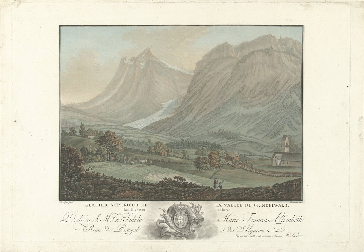 Gletsjer bij de valley van Grindelwald Górny lodowiec doliny Grindelwald w kantonie Berno (tytuł na obiekcie) Niezwykłe widoki na góry Szwajcarii (tytuł serii) autorstwa Charles Melchior Descourtis
