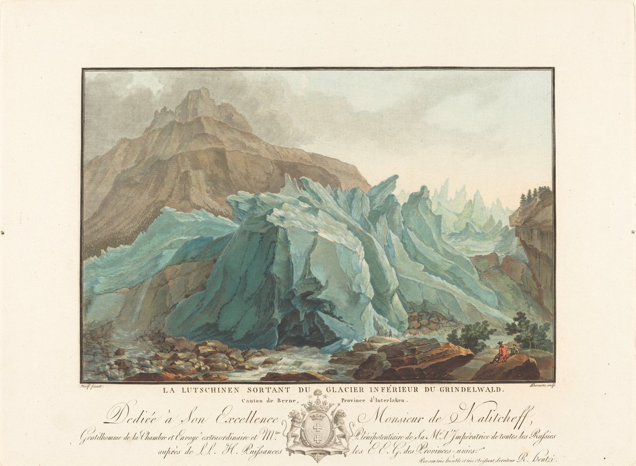 Lutschinen wyłaniający się z lodowca Lower Grindelwald autorstwa Charles Melchior Descourtis after Caspar Wolf