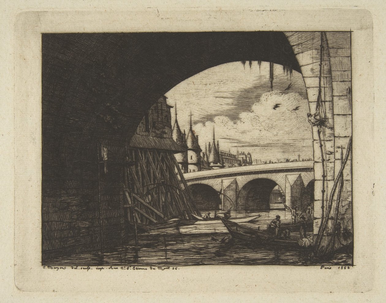 Łuk, Pont Nôtre-Dame, Paryż, z cyklu „Akwaforty Paryża” autorstwa Charles Meryon