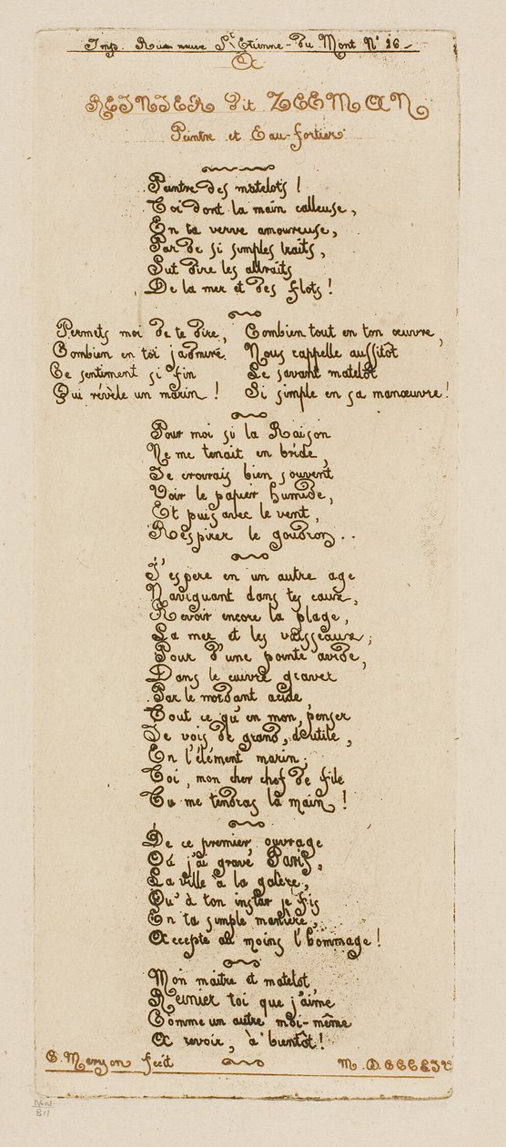 Wiersze dedykacyjne Meryona dla Reiniera Noomsa, zwanego Zeemanem autorstwa Charles Meryon