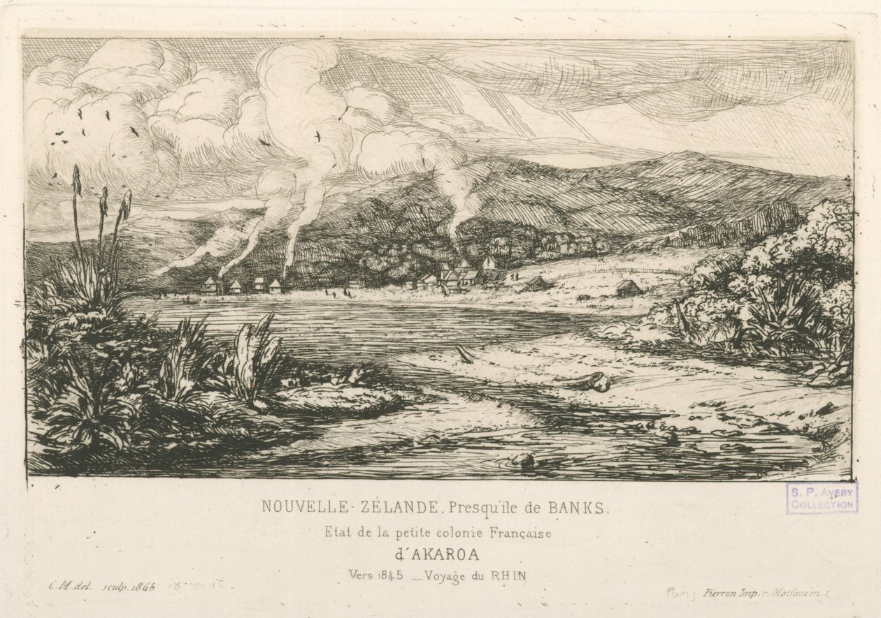 Stan małej francuskiej kolonii Akaroa, ilustracja z „Etchings of the Pacific...” autorstwa Charles Meryon