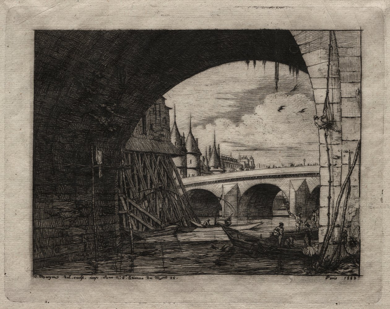 Akwaforty Paryża: Łuk mostu Notre Dame, 1853. autorstwa Charles Meryon