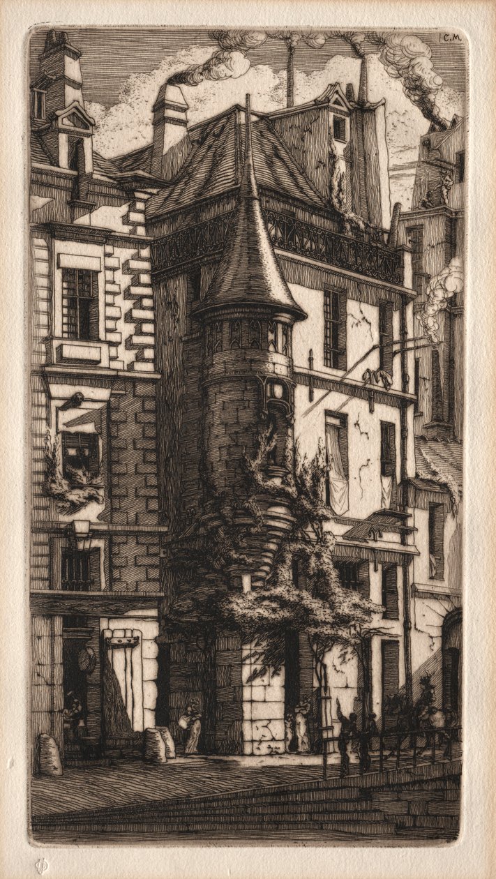 Akwaforty Paryża: Dom z wieżyczką, ulica Tkaczy, 1852. autorstwa Charles Meryon