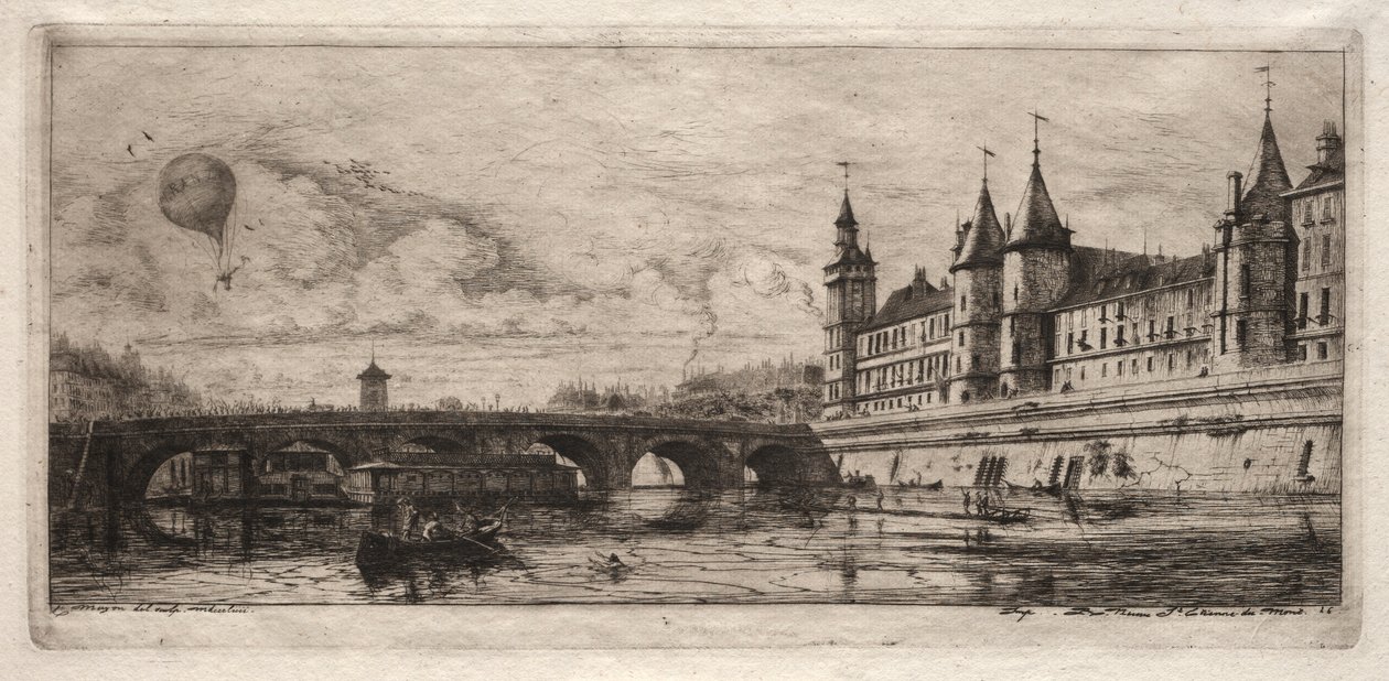 Akwaforty Paryża: The Exchange Bridge, 1854. autorstwa Charles Meryon