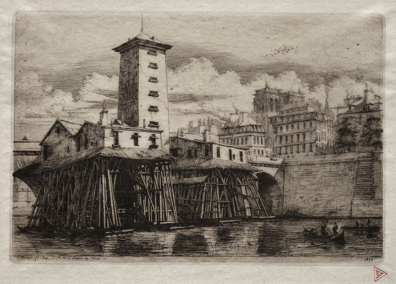 Akwaforty Paryża: pompa Notre Dame autorstwa Charles Meryon