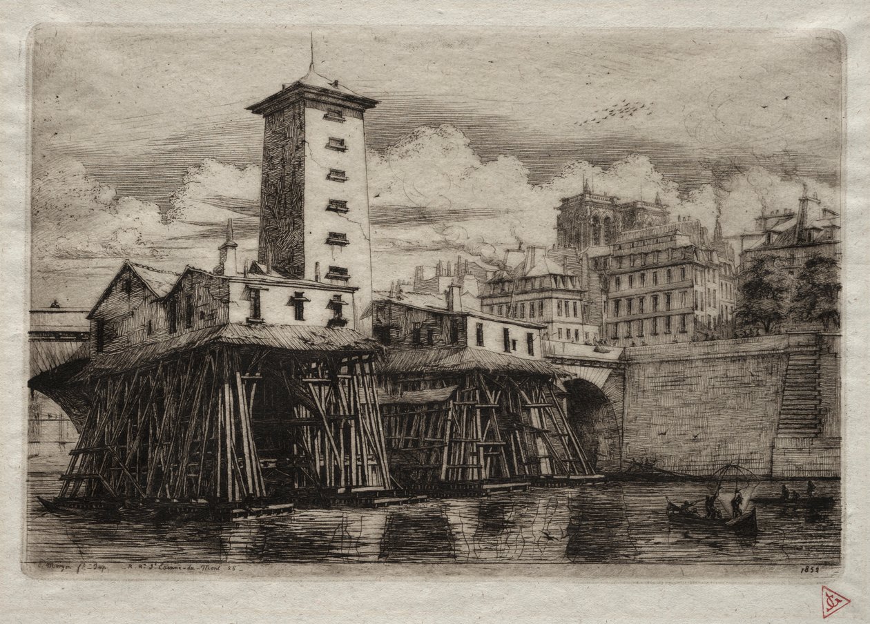 Akwaforty Paryża: Pompa Notre Dame, 1852. autorstwa Charles Meryon