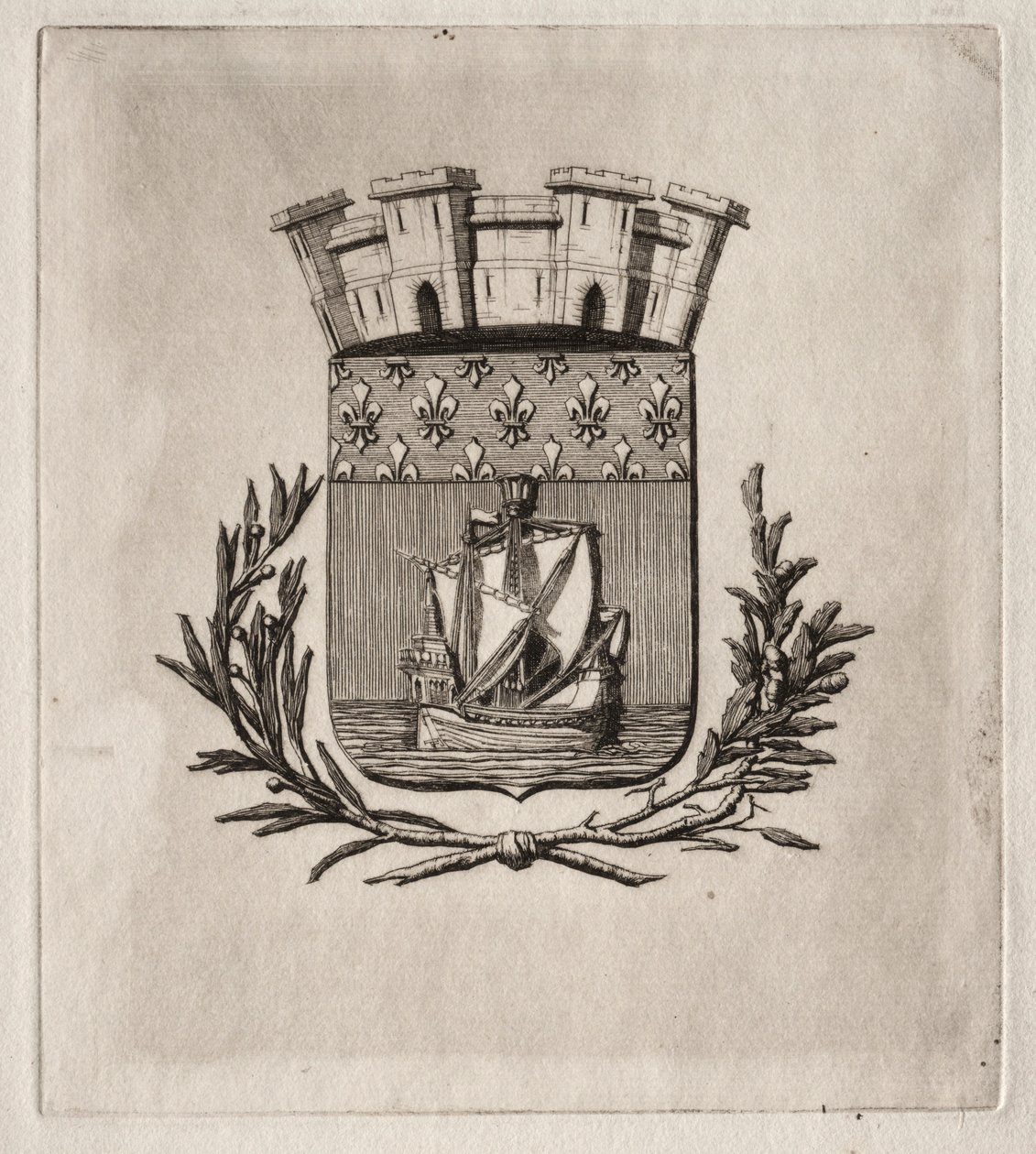 Akwaforty Paryża: Symboliczne herby miasta Paryża, 1854. autorstwa Charles Meryon