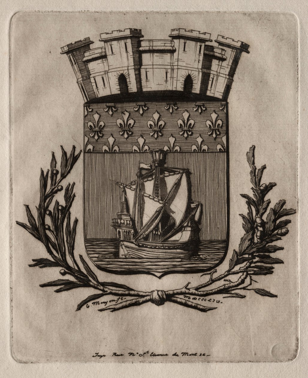 Akwaforty Paryża: Symboliczne herby miasta Paryża, 1854. autorstwa Charles Meryon