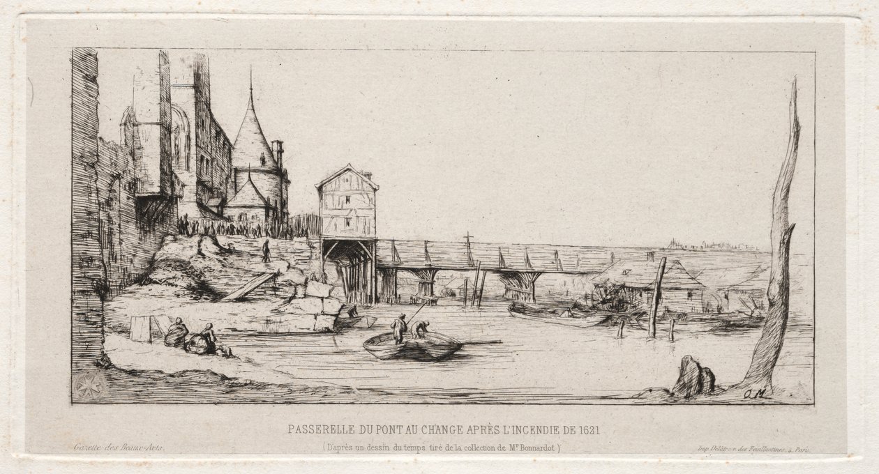 Kładka czasowa zastępująca most giełdowy, Paryż, po pożarze w 1621 r. autorstwa Charles Meryon